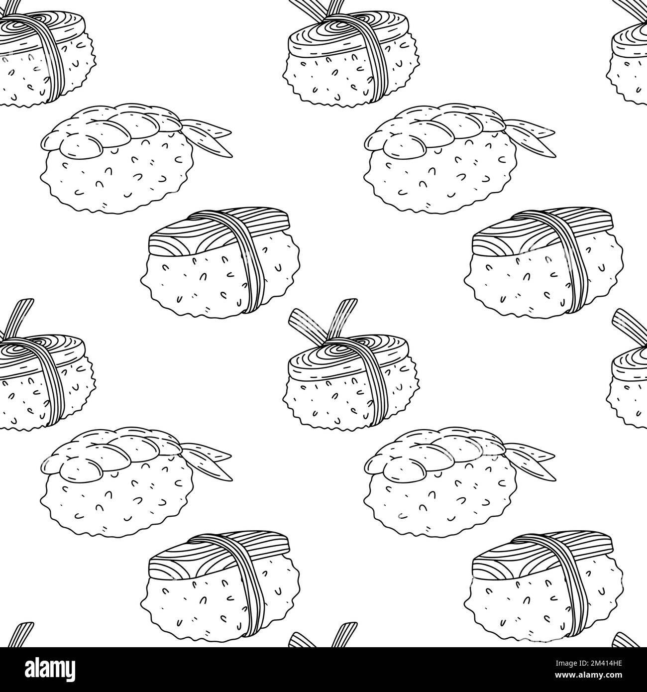 Sushi set seamless pattern. Vector illustration isolated on a white background. Asian food. Stock Vector