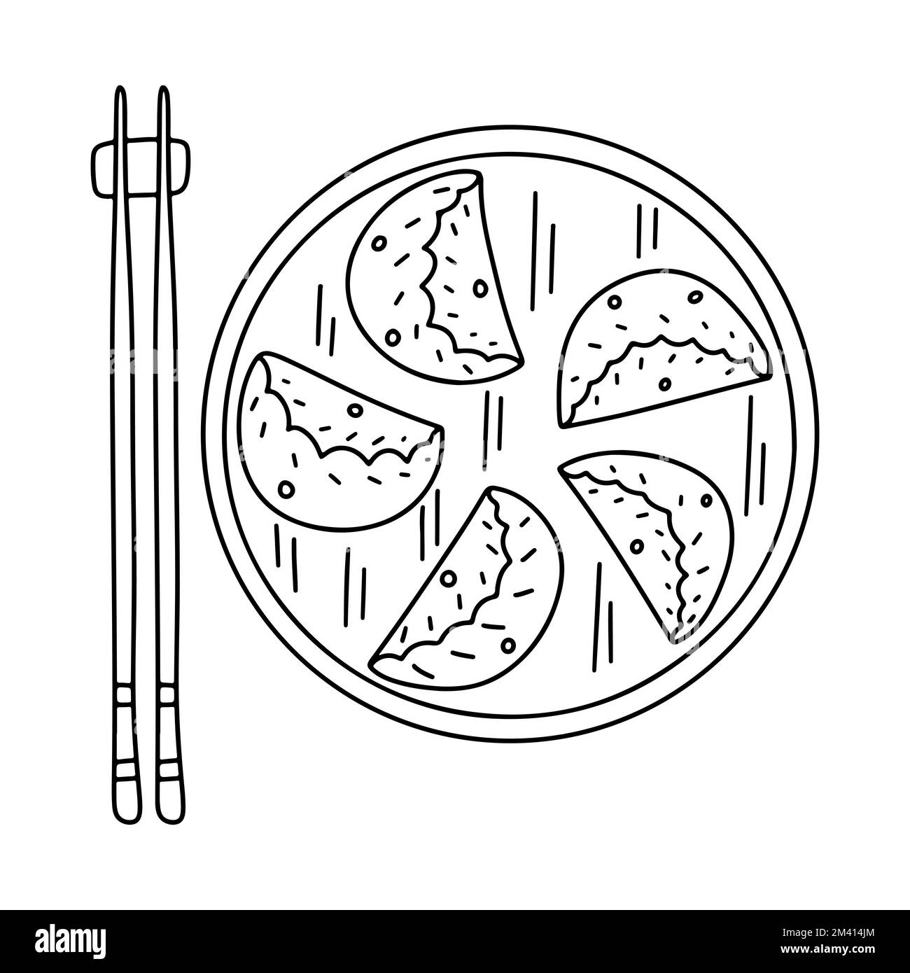 Dim Sum in hand drawn doodle style. Asian food element isolated on white background. Top view. Stock Vector