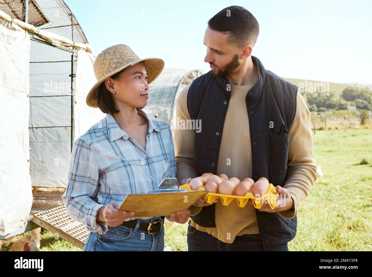 Farmer, man and woman for egg inspection, agriculture or production at poultry farm in countryside. Farming team, chicken product or quality assurance Stock Photo