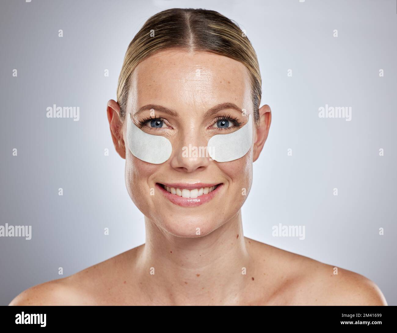 Skincare, beauty and eye mask with woman portrait happy about skin glow