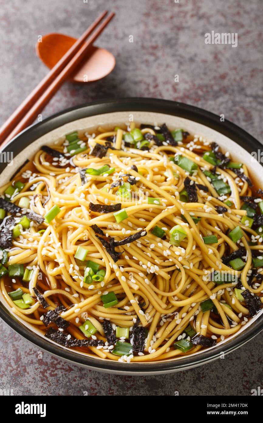 Boiled soba noodles are dressed with a sauce made from perilla oil, soy