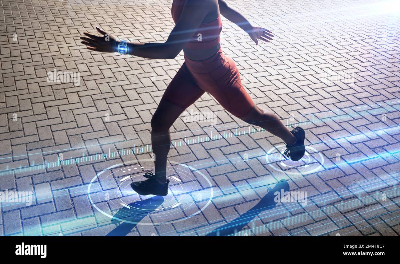 Woman, running or futuristic fitness tracking with smart watch