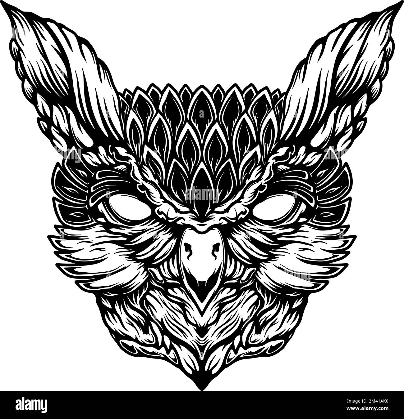Illustration of owl head in engraving style. Design element for poster