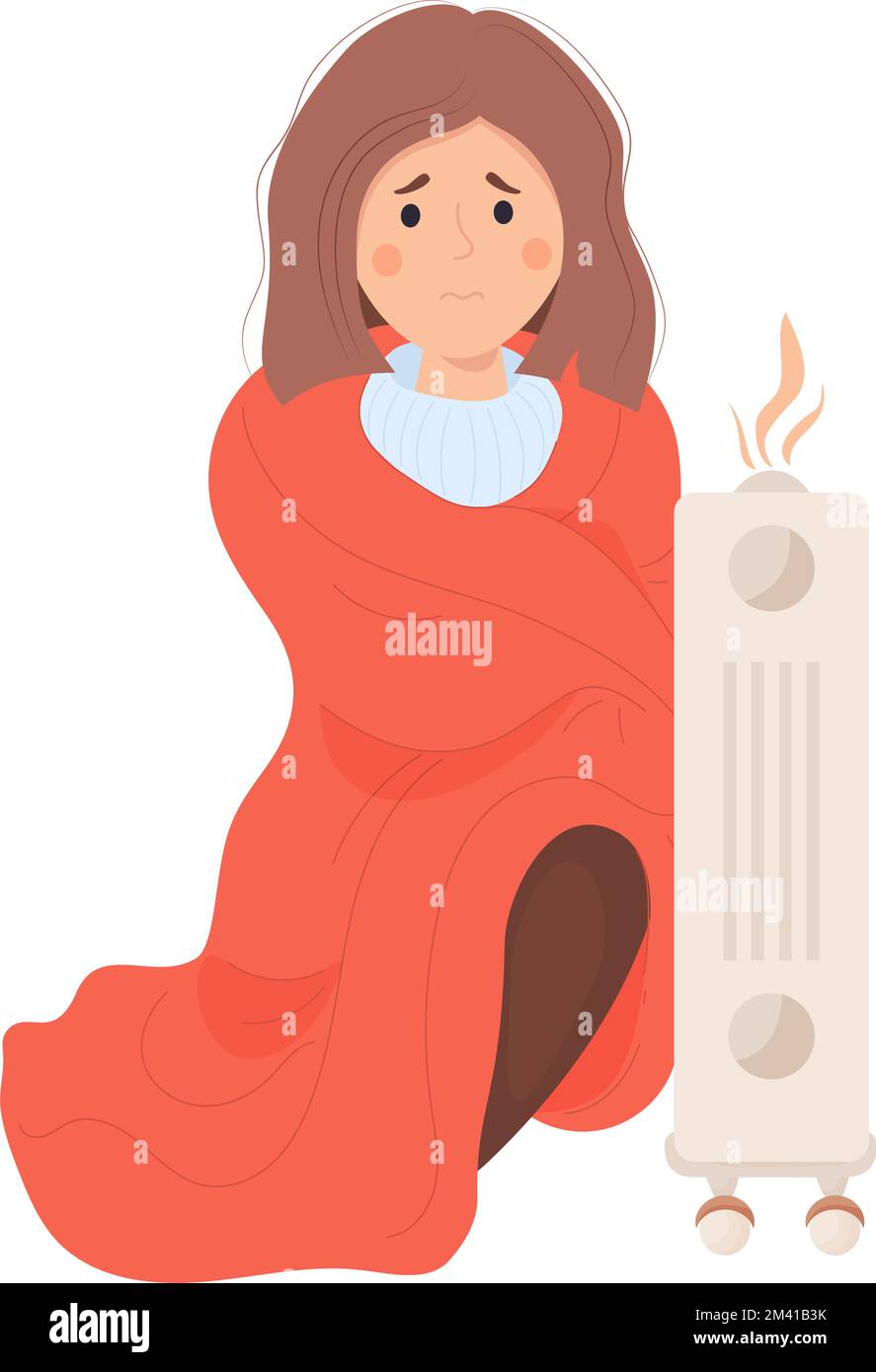 Cute girl wrapped in blanket is freezing and basking near hot radiator ...