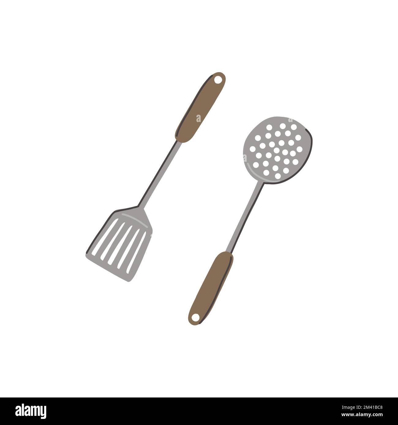 Spatula and skimmer cartoon. Handdrawn cooking equipment. Vector