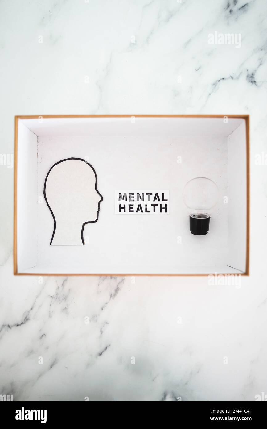 mental health text in box next to cardboard head with light bulb