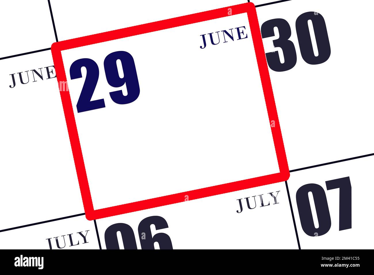 Date 29 June in a frame on the calendar, mockup, copy space. Calendar ...