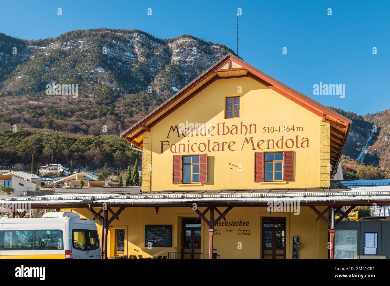 Cable railway Mendola of Kaltern in South Tyrol - Trentino Alto Adige, - Mendelbahn in Sudtirol - Caldaro - northern Italy, longest cable car Stock Photo