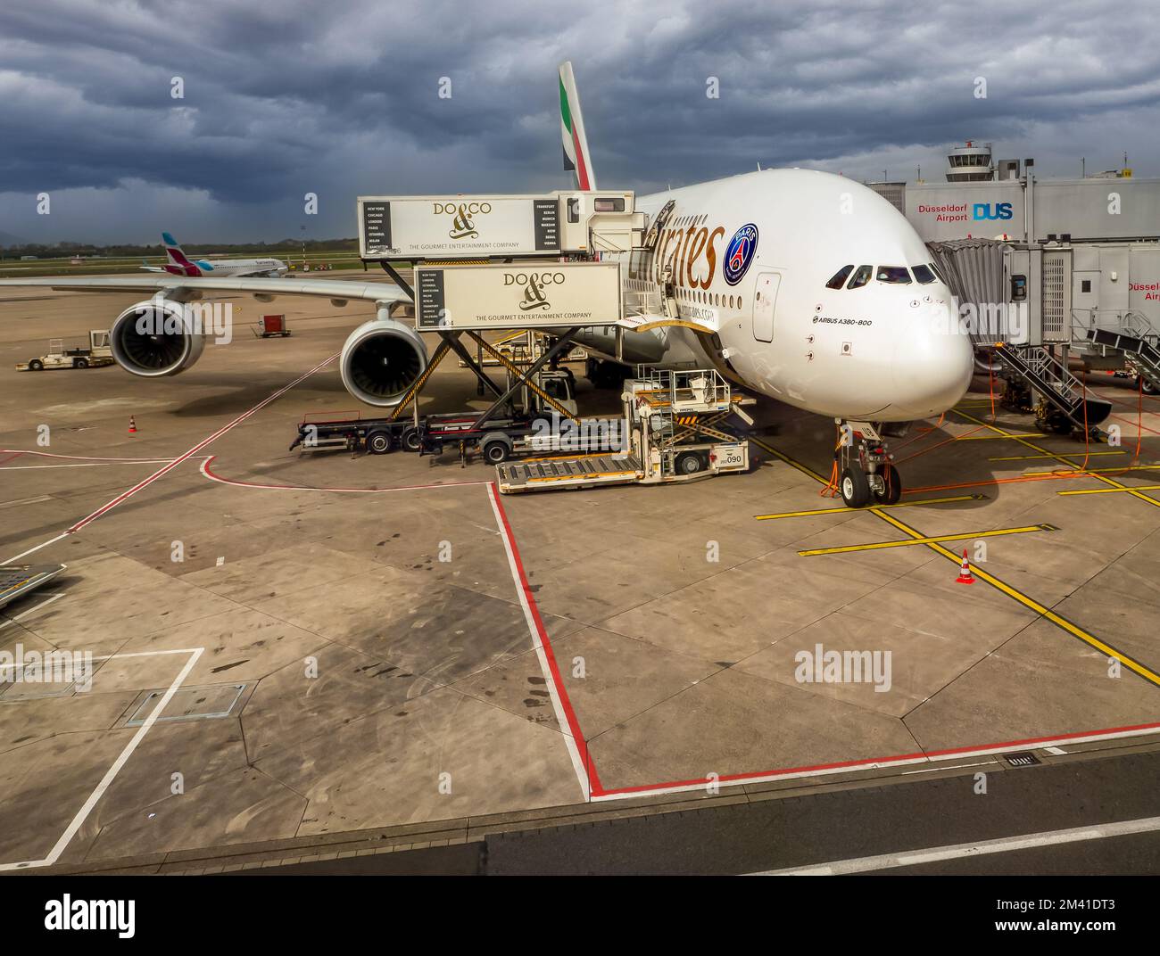 Dusseldorf, Germany 2018. A airbus a380 at the airport during loading ...
