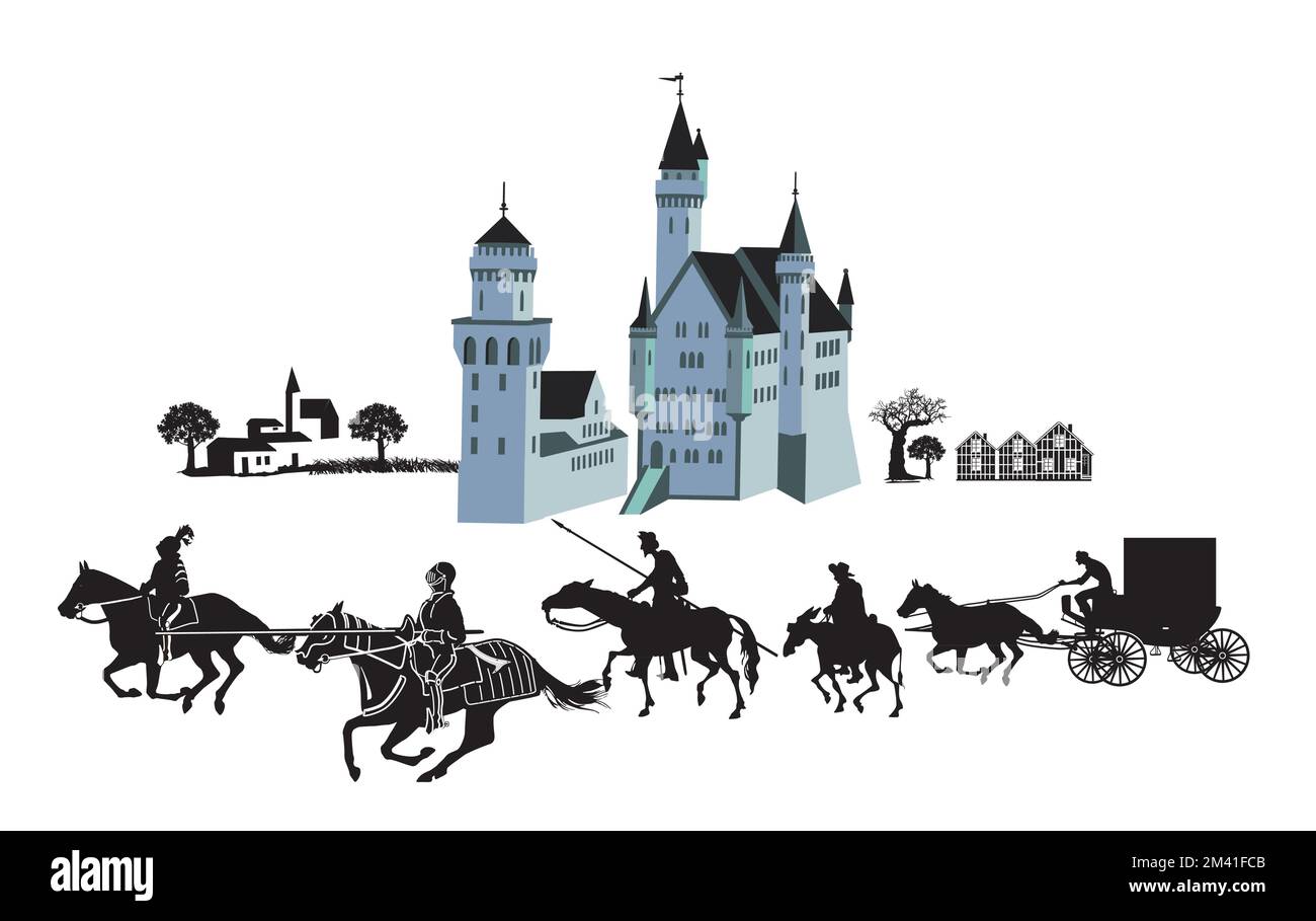 Knight's castle with Knight's and carriage, illustration Stock Vector