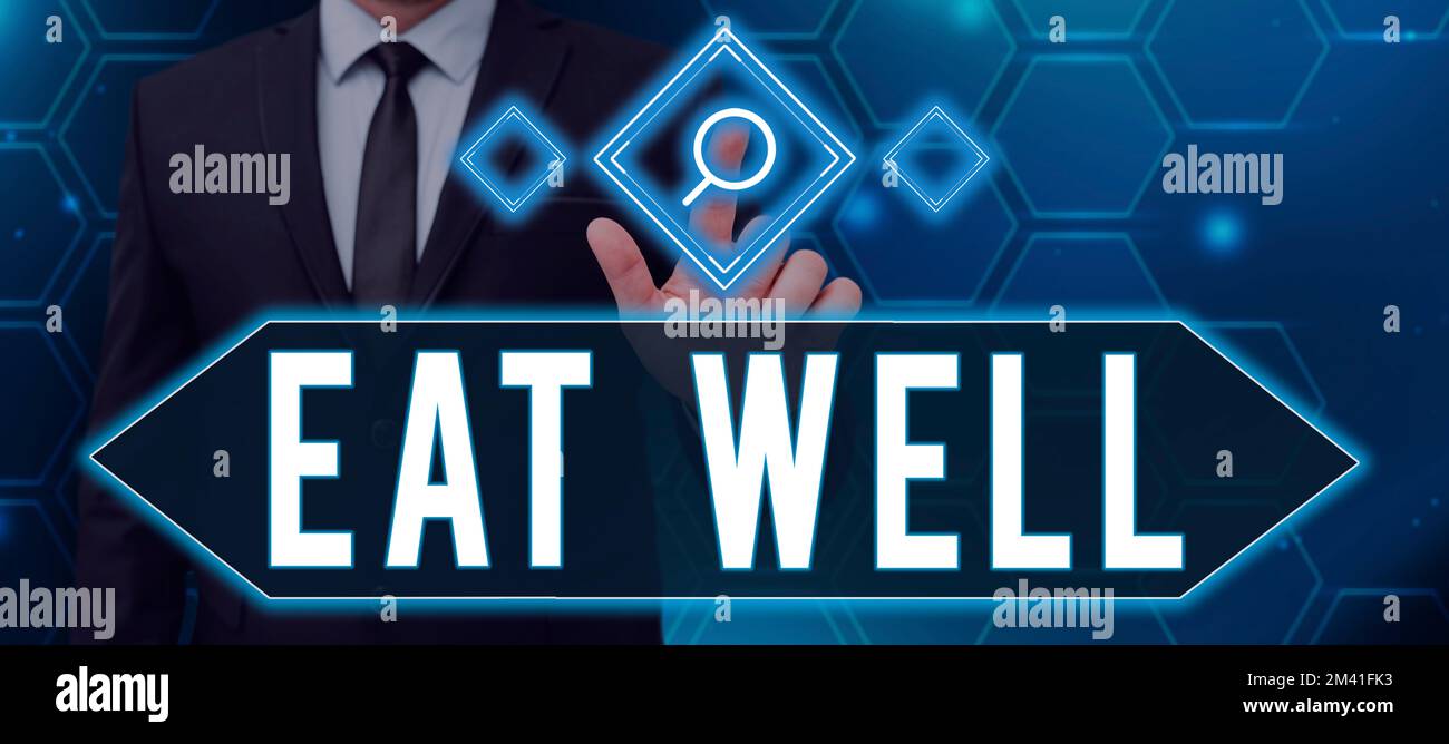 Text sign showing Eat Well. Word for Practice of eating only foods that ...
