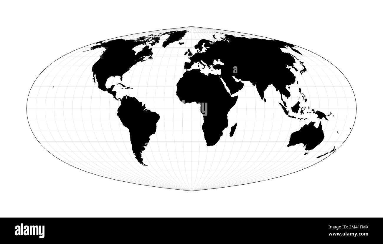 Black world map on white background. Foucaut's sinusoidal projection ...