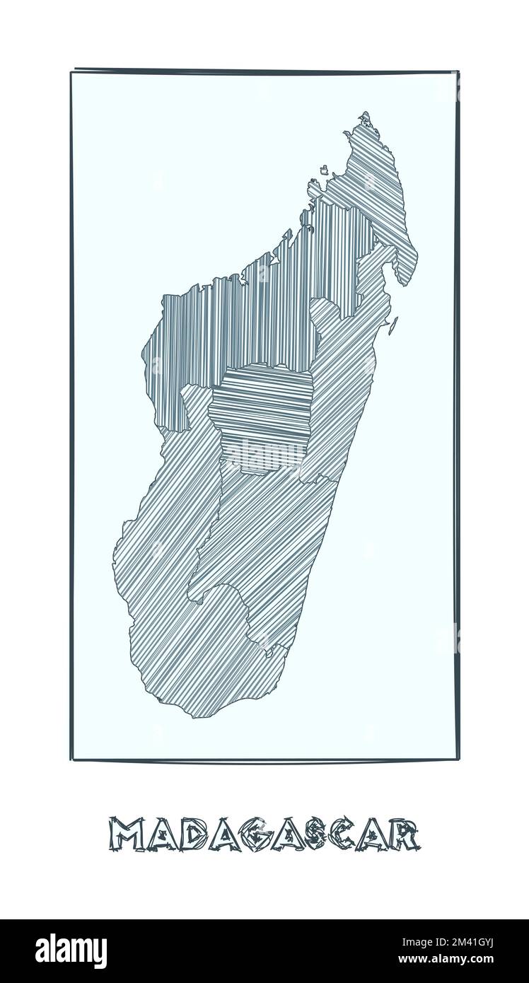 Sketch map of Madagascar. Grayscale hand drawn map of the country. Filled regions with hachure stripes. Vector illustration. Stock Vector