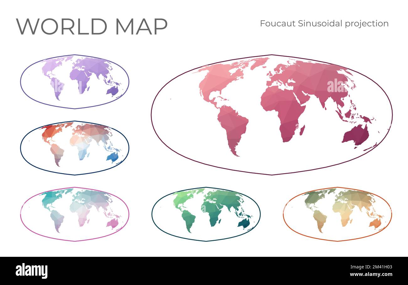 Low Poly World Map Set. Foucaut's sinusoidal projection. Collection of ...