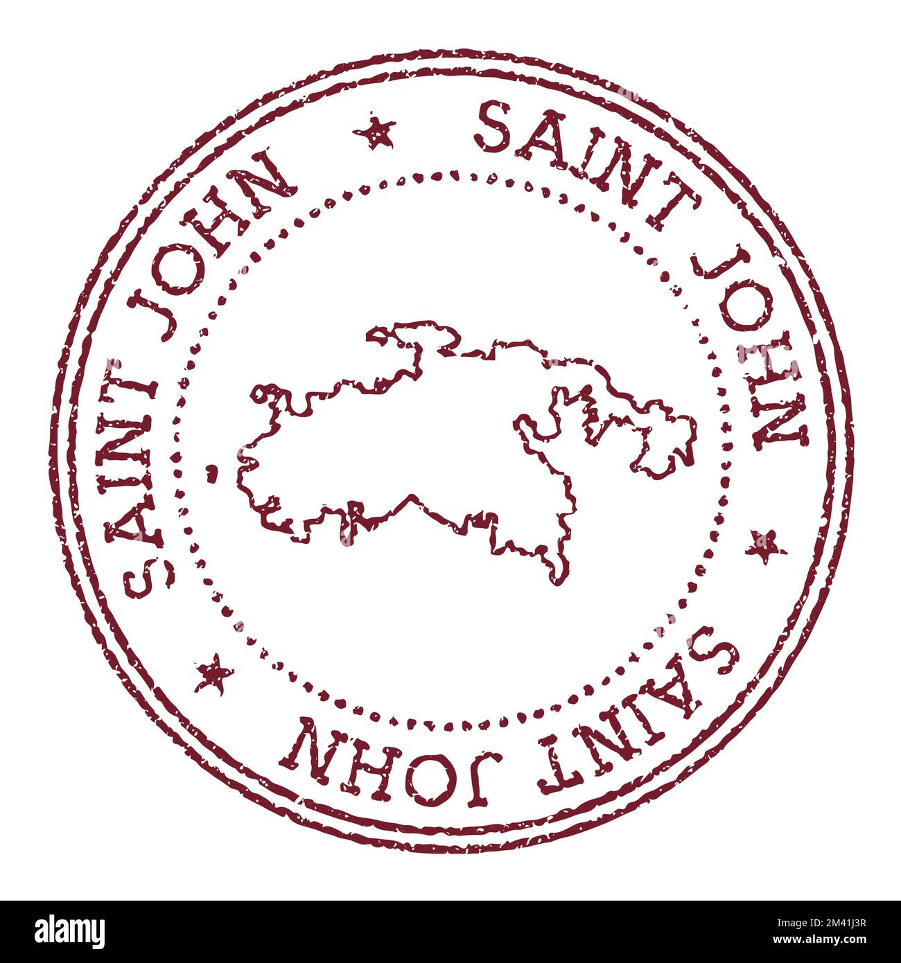 Saint John round rubber stamp with island map. Vintage red passport