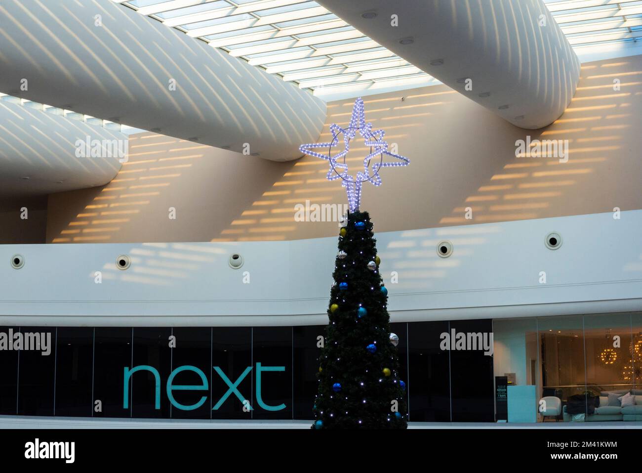 Christmas tree with star inside Victoria Shopping Centre in Southend on