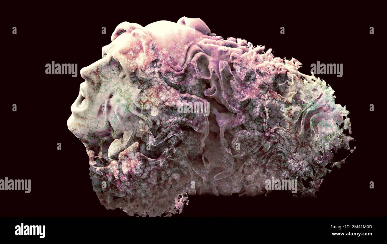 Shattered dreams and hopes. Pain and sorrow. Sadness and discomfort. Change. Side view of face with open mouth. Brain and mind problems. 3d rendering Stock Photo