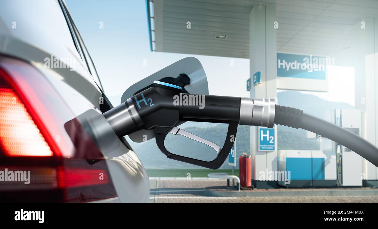 Close up of fuel cell car with connected hydrogen fueling nozzle on a