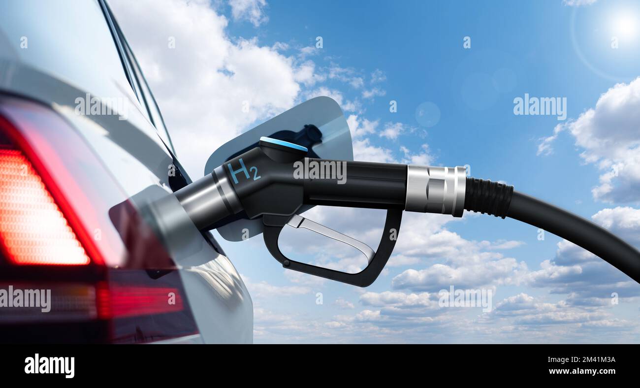 Close up of fuel cell car with connected hydrogen fueling nozzle Stock Photo