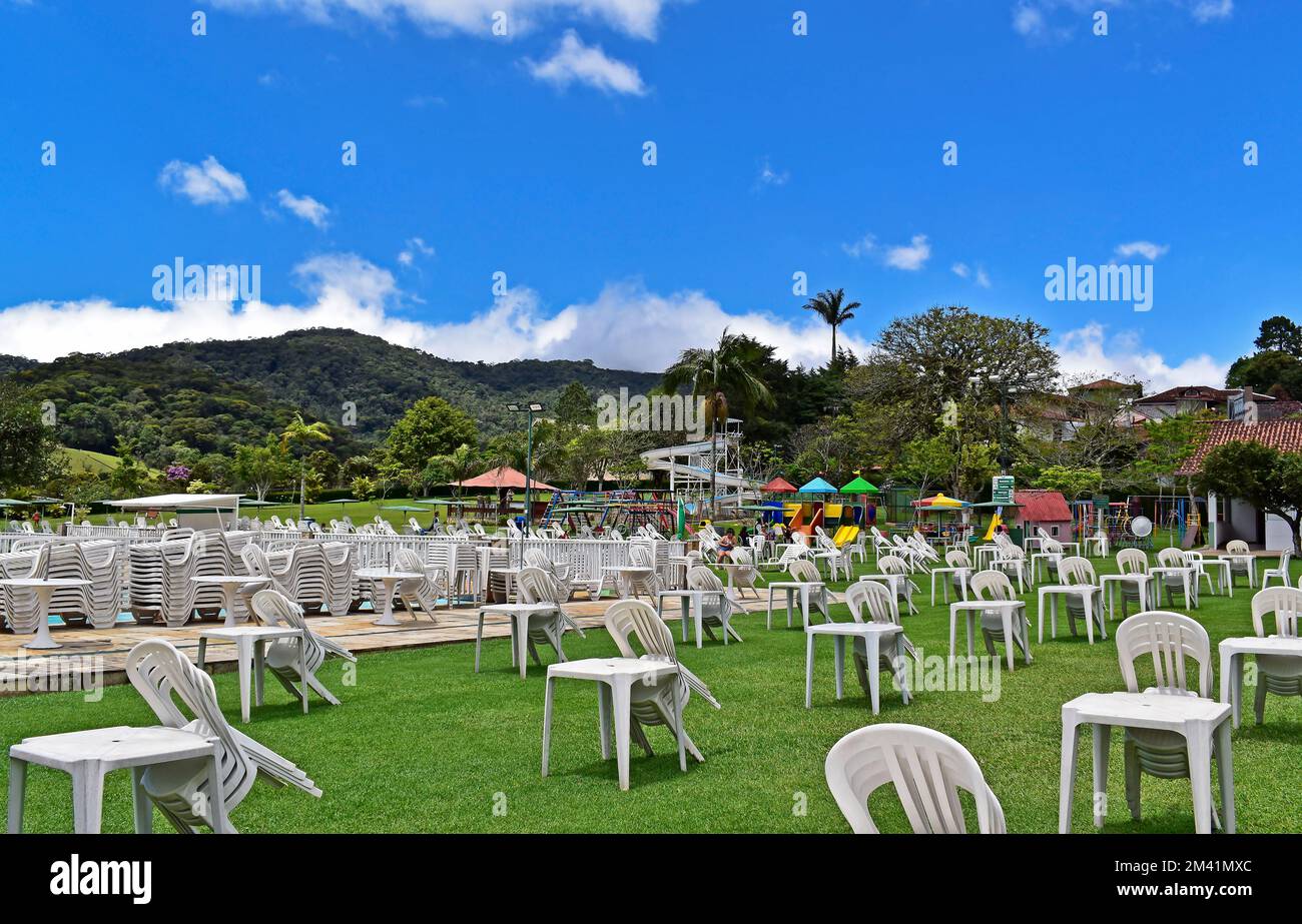 TERESOPOLIS, RIO DE JANEIRO, BRAZIL - October 25, 2022: Tables and chairs in recreation center, 'Clube Comary' Stock Photo