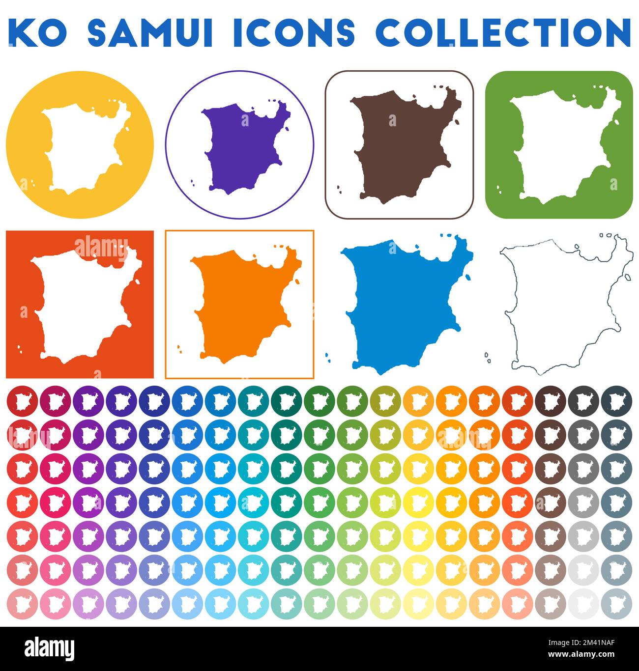 Ko Samui icons collection. Bright colourful trendy map icons. Modern Ko Samui badge with island map. Vector illustration. Stock Vector