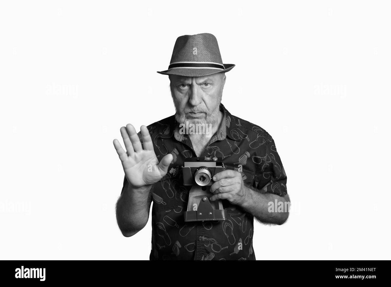 Attention I take pictures. Photographer from the past. Vintage black and white photo Stock Photo