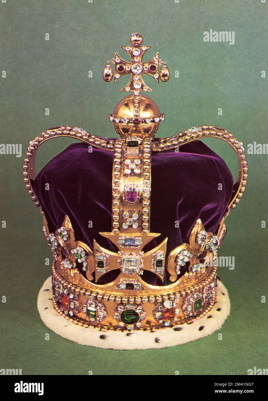 St Edward's Crown. St Edward's Crown is the centrepiece of the Crown Jewels of the United Kingdom. Named after Saint Edward the Confessor (c1003-1066), versions of it have traditionally been used to crown English and British monarchs at their coronations since the 13th century. The original crown was a holy relic kept at Westminster Abbey, Edward's burial place, until the regalia were either sold or melted down when Parliament abolished the monarchy in 1649, during the English Civil War. The current St Edward's Crown was made for Charles II in 1661. Stock Photo