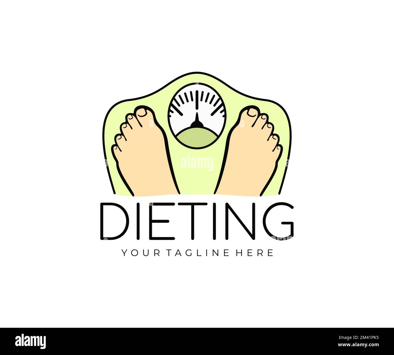 Feet are on the scales, weighing, weight loss, diet and health, logo design. Medicine, gym, healthy food, fitness and sports, vector design Stock Vector