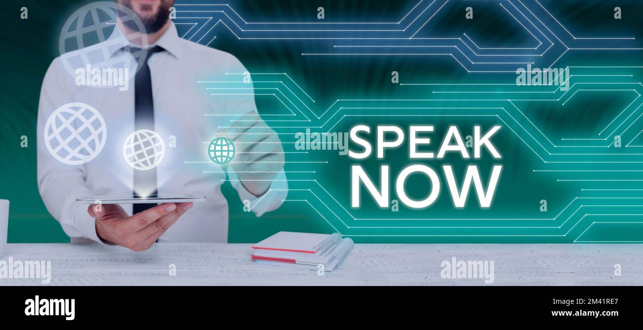 Text caption presenting Speak Now. Business idea Communicate to us your feelings and information Voice out Stock Photo