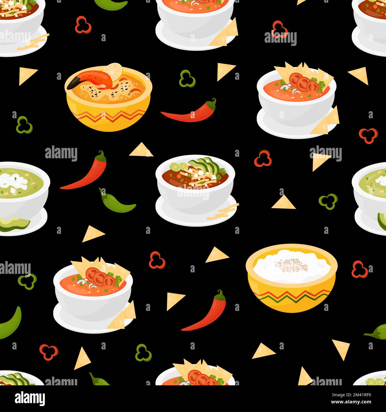 Mexican tomato soup with tortilla chips, green avocado soup, rice