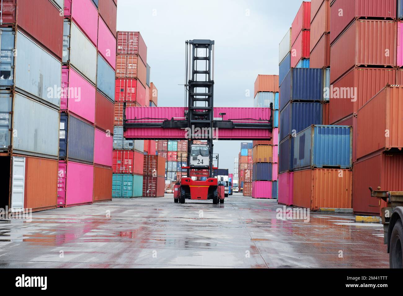 forklift truck Container boxes in a logistics yard with a stack of ...