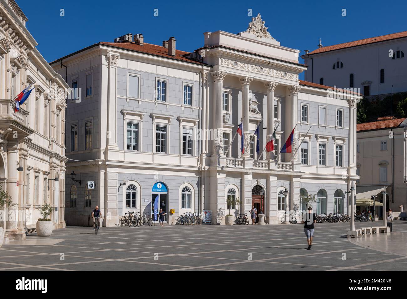 Piran, Slovenia, Piran Town Hall from 1879, Neo-Renaissance architecture according to plans by Giovanni Righetti (1872-1901). Stock Photo