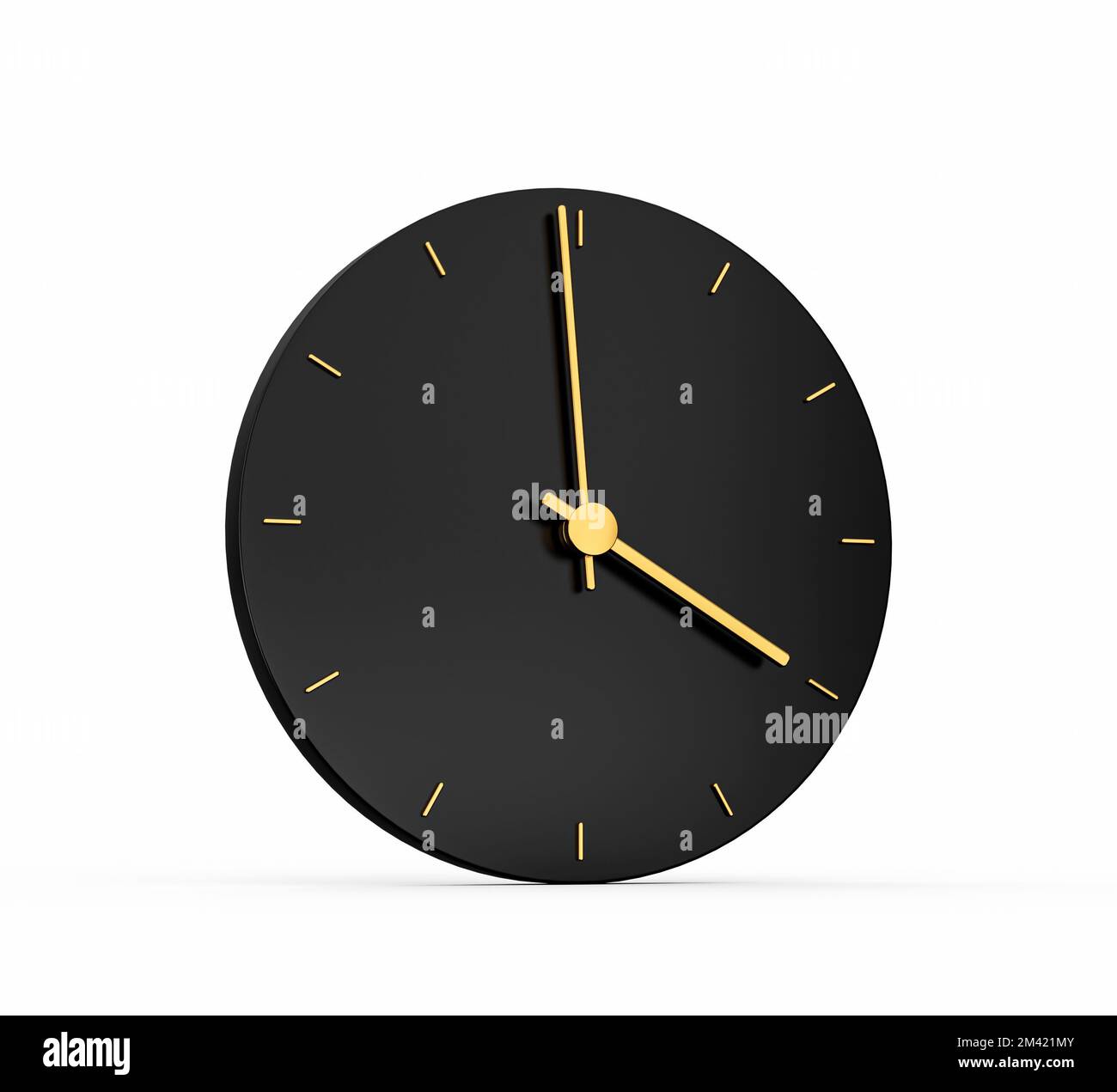 A 3D rendering of a minimalist black and gold clock isolated on a white ...