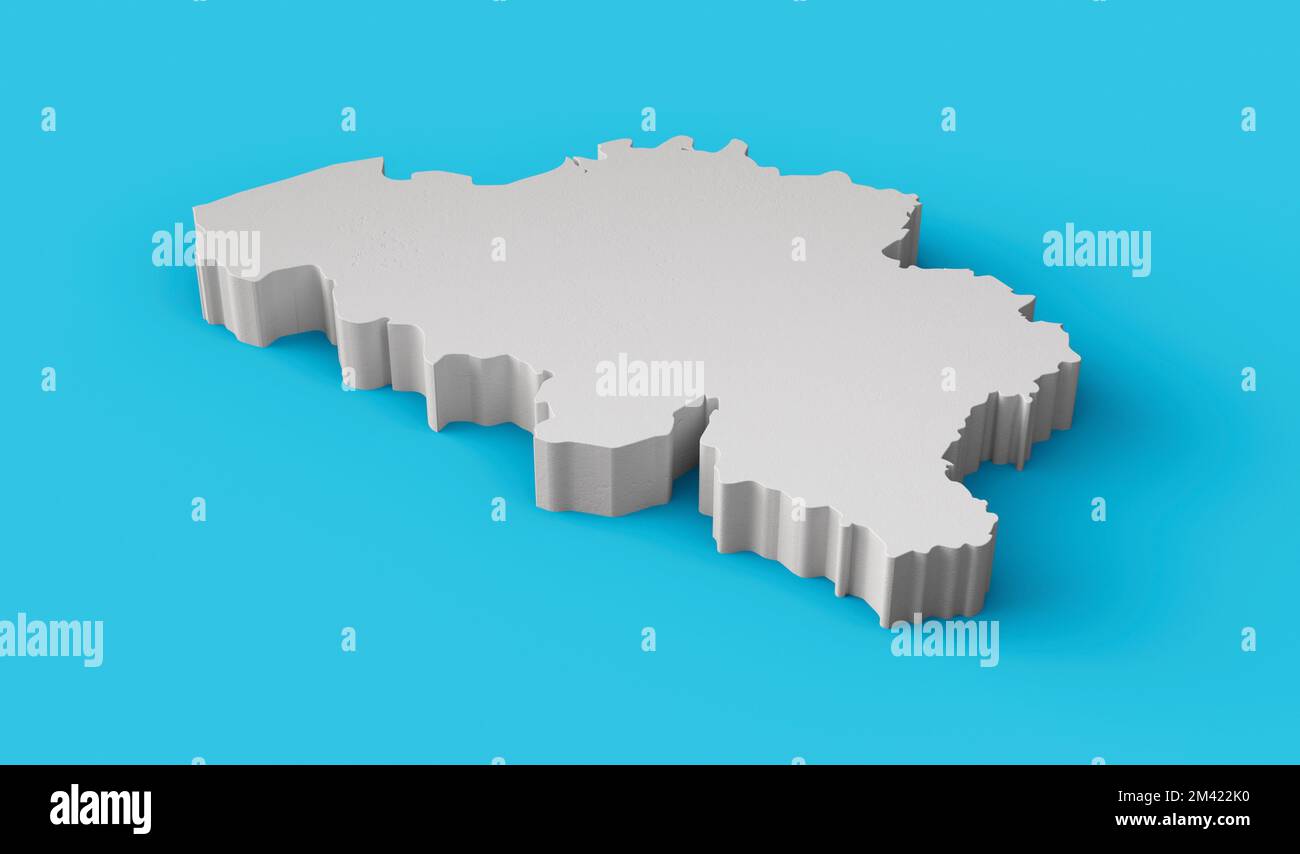 A 3D rendering of a topography map of Belgium isolated on a blue