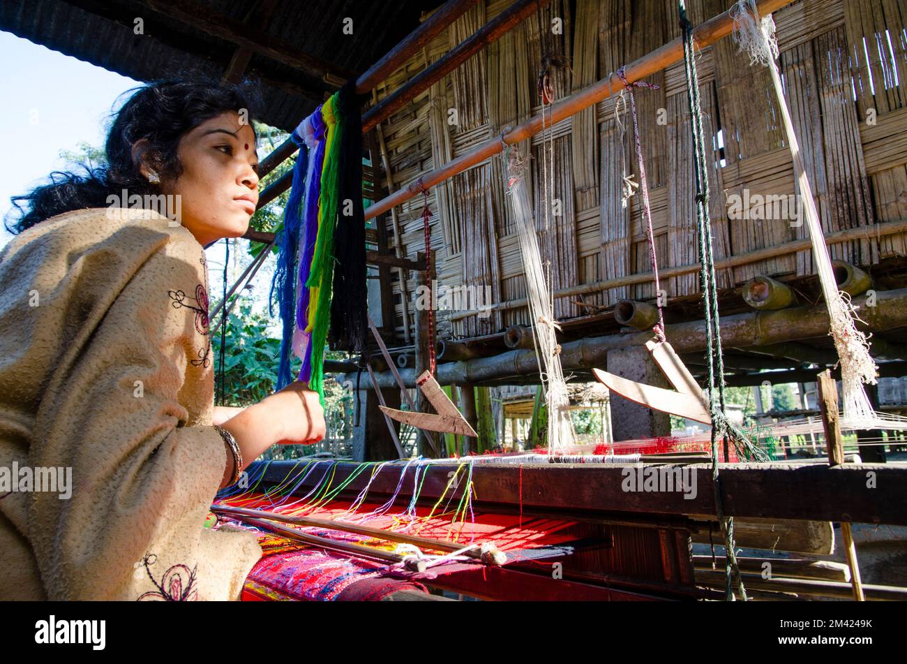 Young lady of the Mishing tribe weaving at a handloom in front of her