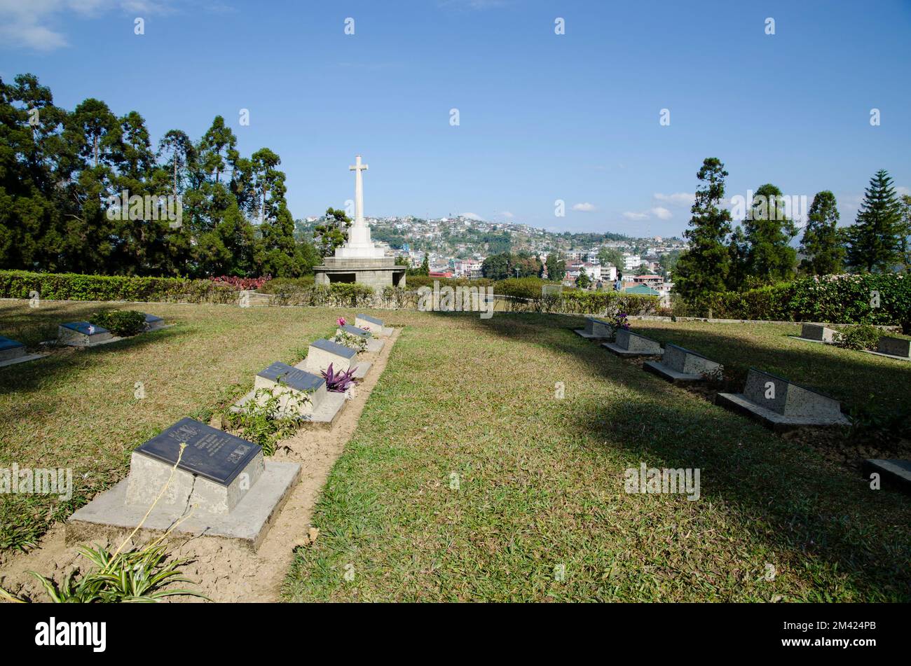 The War Cemetary on Garrison Hill in Kohima remains of a battle between the British Allies and the Japanese during WW 2 Stock Photo