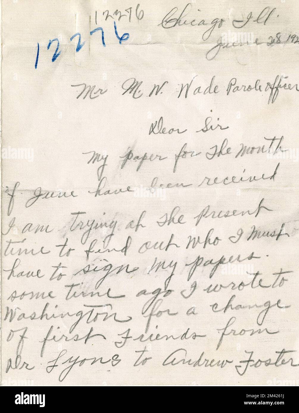 Letter Written by Roy Tyler to Parole Officer M. W. Wade Concerning Permission for Roy Tyler to play baseball, June 28, 192?.  Bureau of Prisons, Inmate case files. Stock Photo