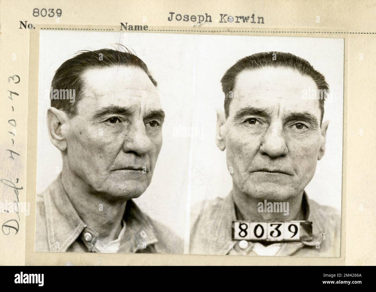 Photograph of Joseph Kerwin. This item is the prison photograph, also known as the 'mug shot,' of Leavenworth inmate Joseph Kerwin Bureau of Prisons, Inmate case files. Stock Photo