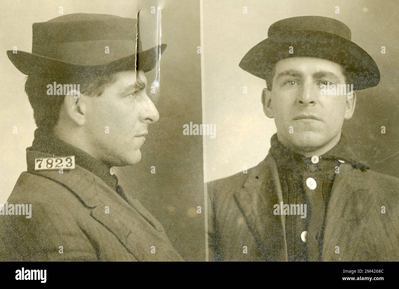 Photograph of Albert Ouellette. This item is the prison photograph, also known as the 'mug shot,' of Leavenworth inmate Albert Oullette, register number 7823. Bureau of Prisons, Inmate case files. Stock Photo