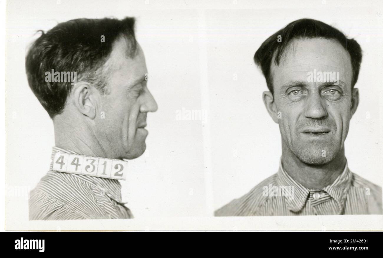 Photograph of Oscar Bjerke. This item is the prison photograph, also known as the 'mug shot,' of Leavenworth inmate Oscar Bjerke register number 44312. Bureau of Prisons, Inmate case files. Stock Photo