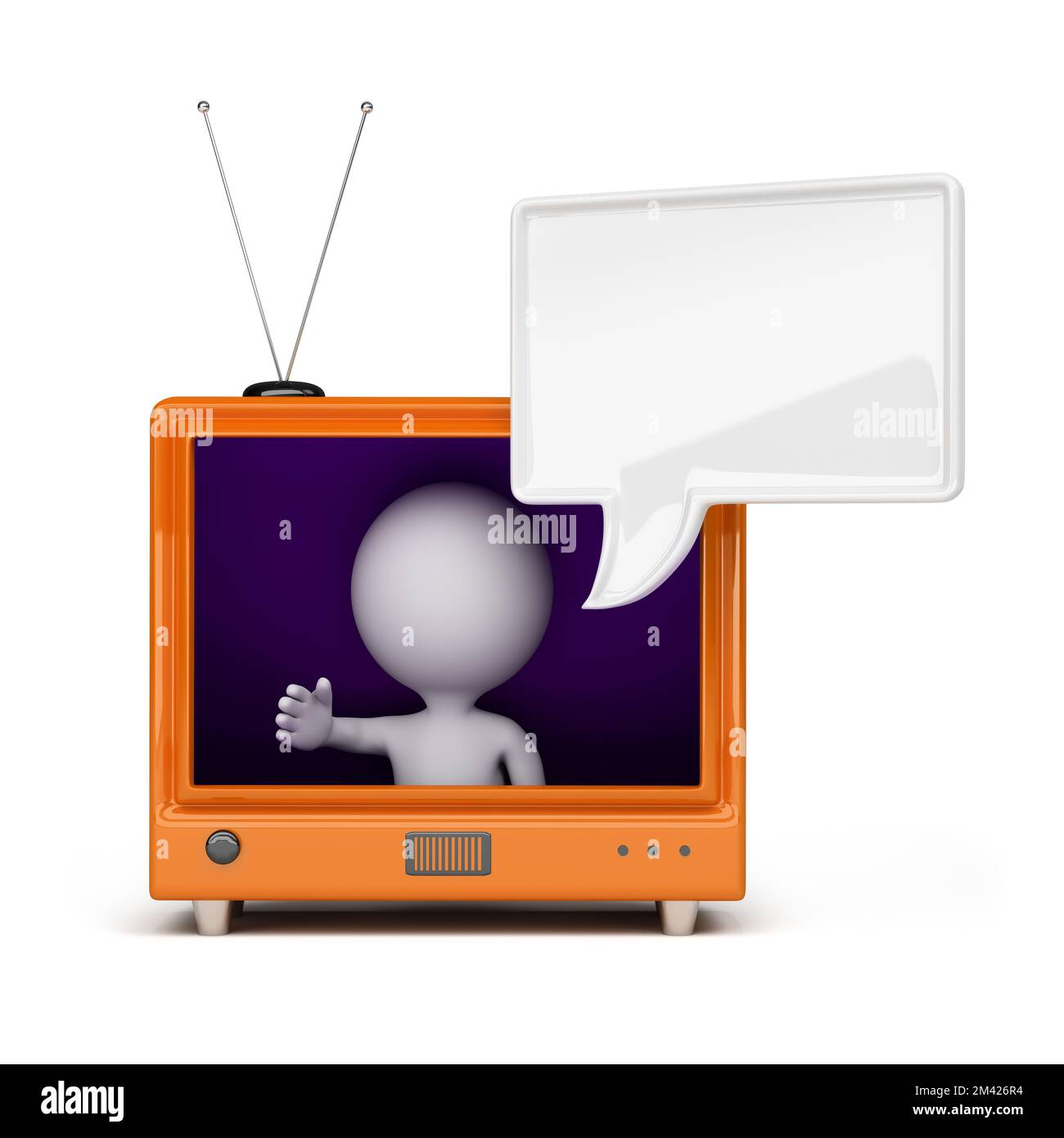 3d person looking out the screen retro TV. 3d image. Isolated white background. Stock Photo
