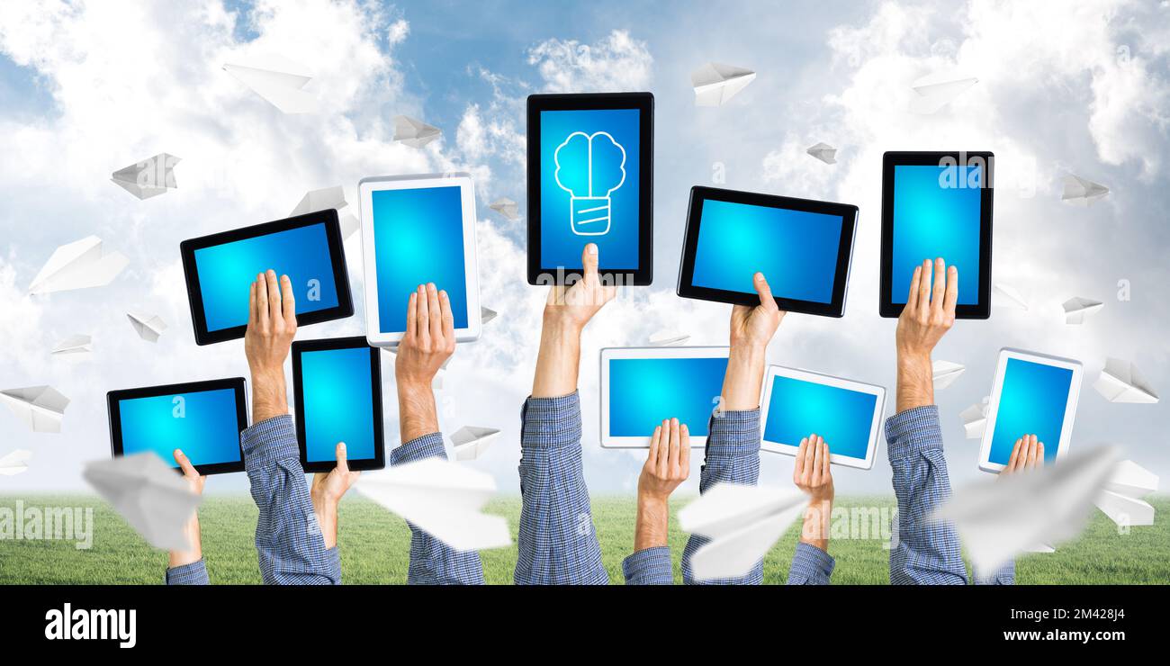 Close of businessman hands in line showing tablet pc with blank blue ...