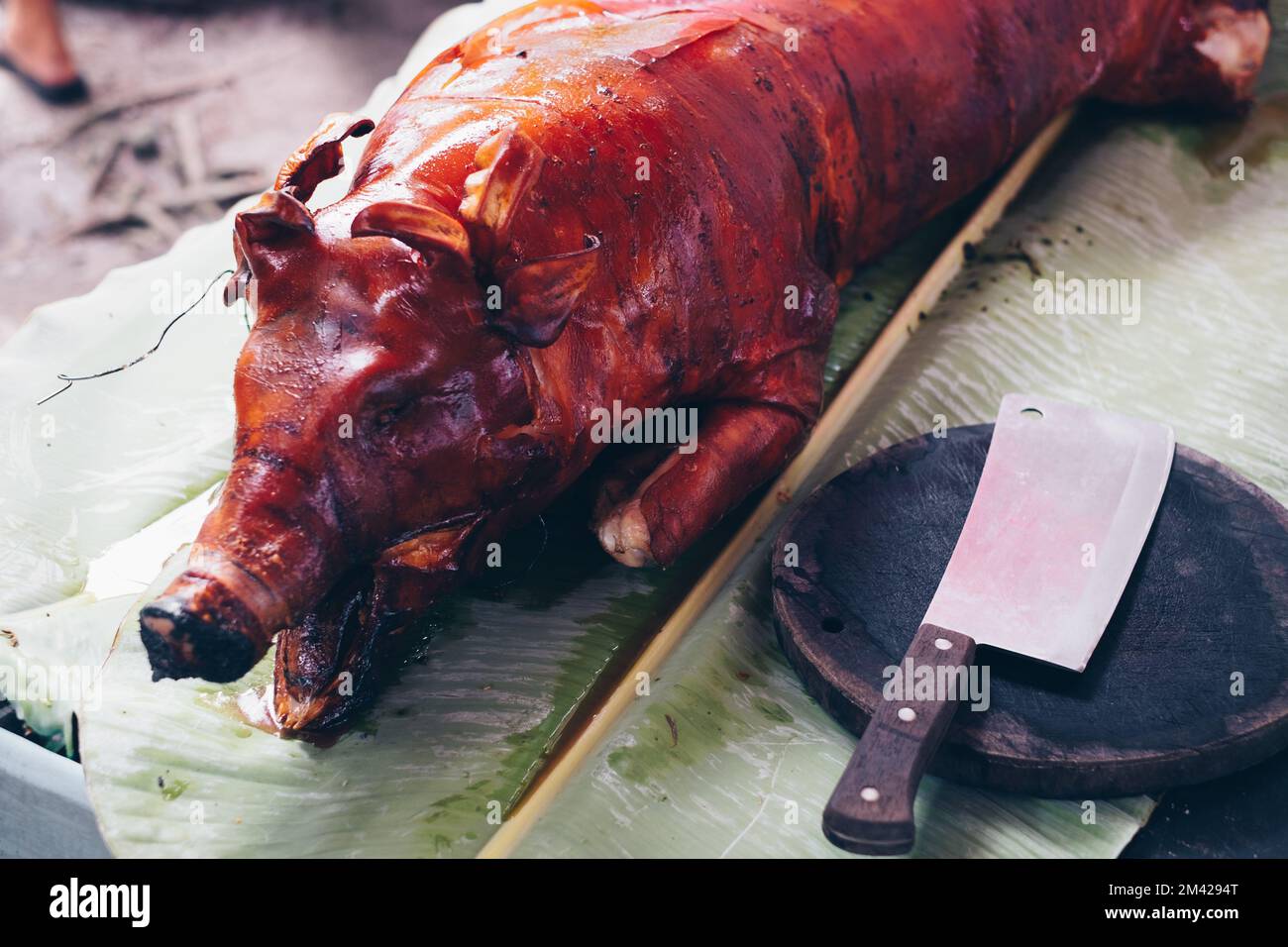 Head shot of the newly cooked all time favorite, the popular delicious roasted crispy whole pig or Lechon Baboy on banana leaf. Selected focus. Stock Photo