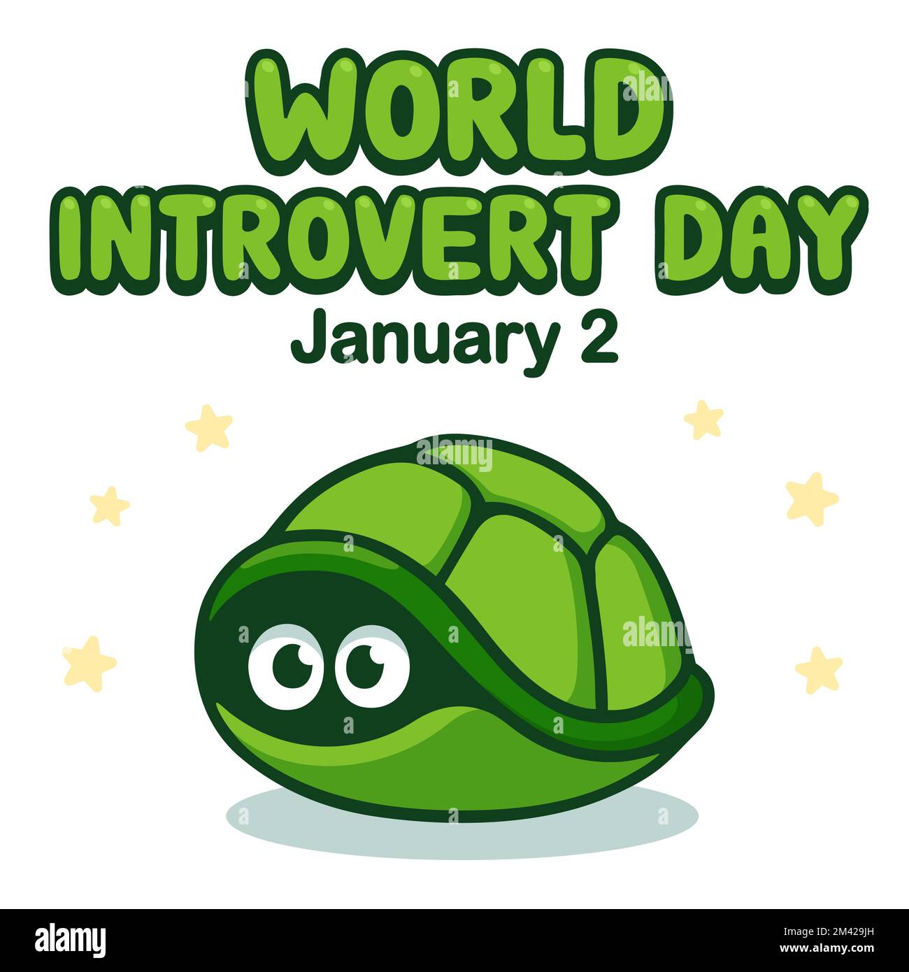 World Introvert Day illustration. Cute cartoon turtle hiding in its shells. Vector drawing. Stock Vector