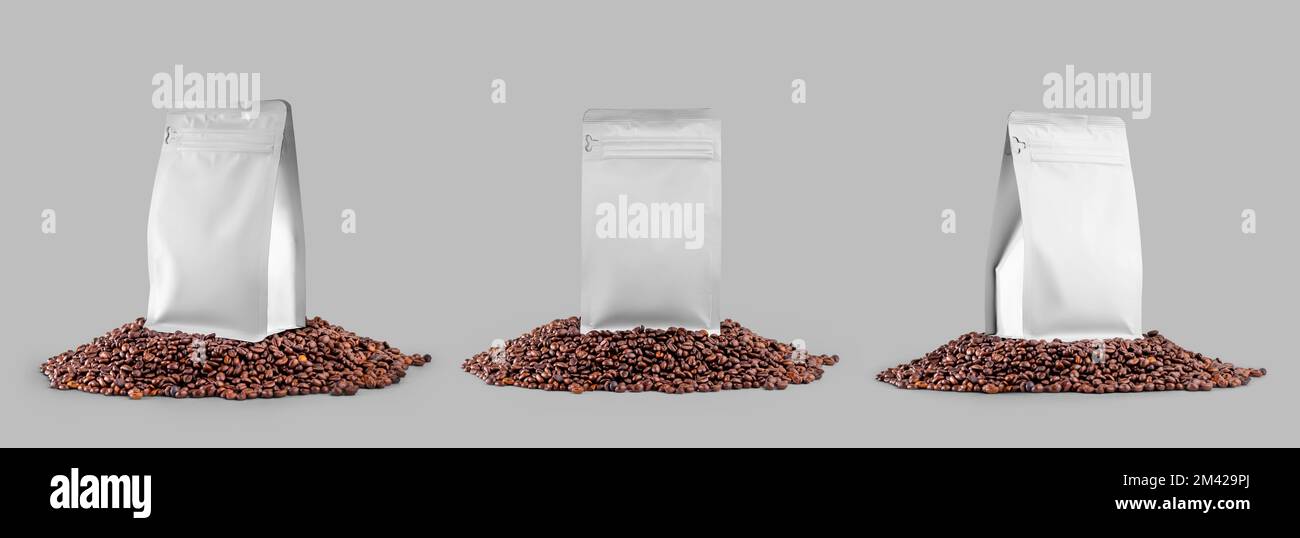 Mockup of a white coffee pouch gusset, doypack set on coffee beans, for the aroma of a product, drink, espresso. Zip packaging template, bag isolated Stock Photo