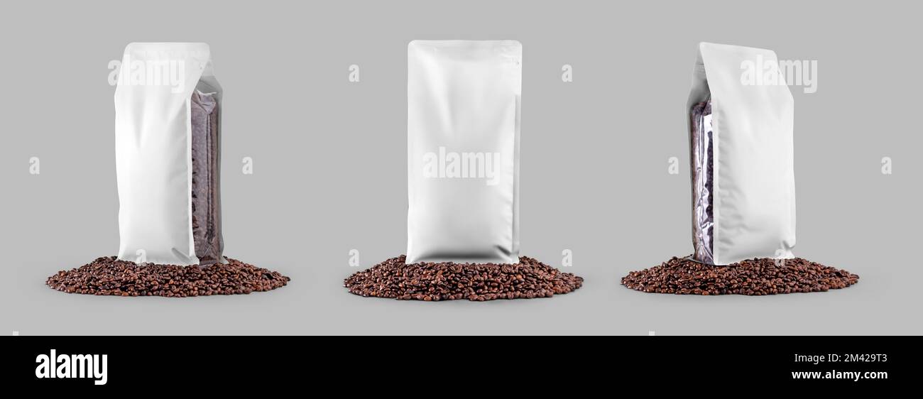 Mockup of white coffee pouch gusset, set of transparent packaging, presentation on coffee beans, isolated on background. Packing, bag template for cof Stock Photo