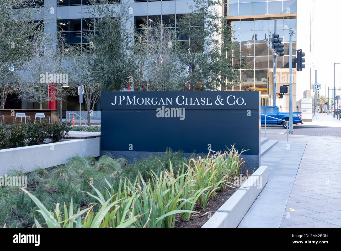 Houston, Texas, USA - February 27, 2022: JPMorgan Chase Co.’s sign at its office building in Houston Stock Photo