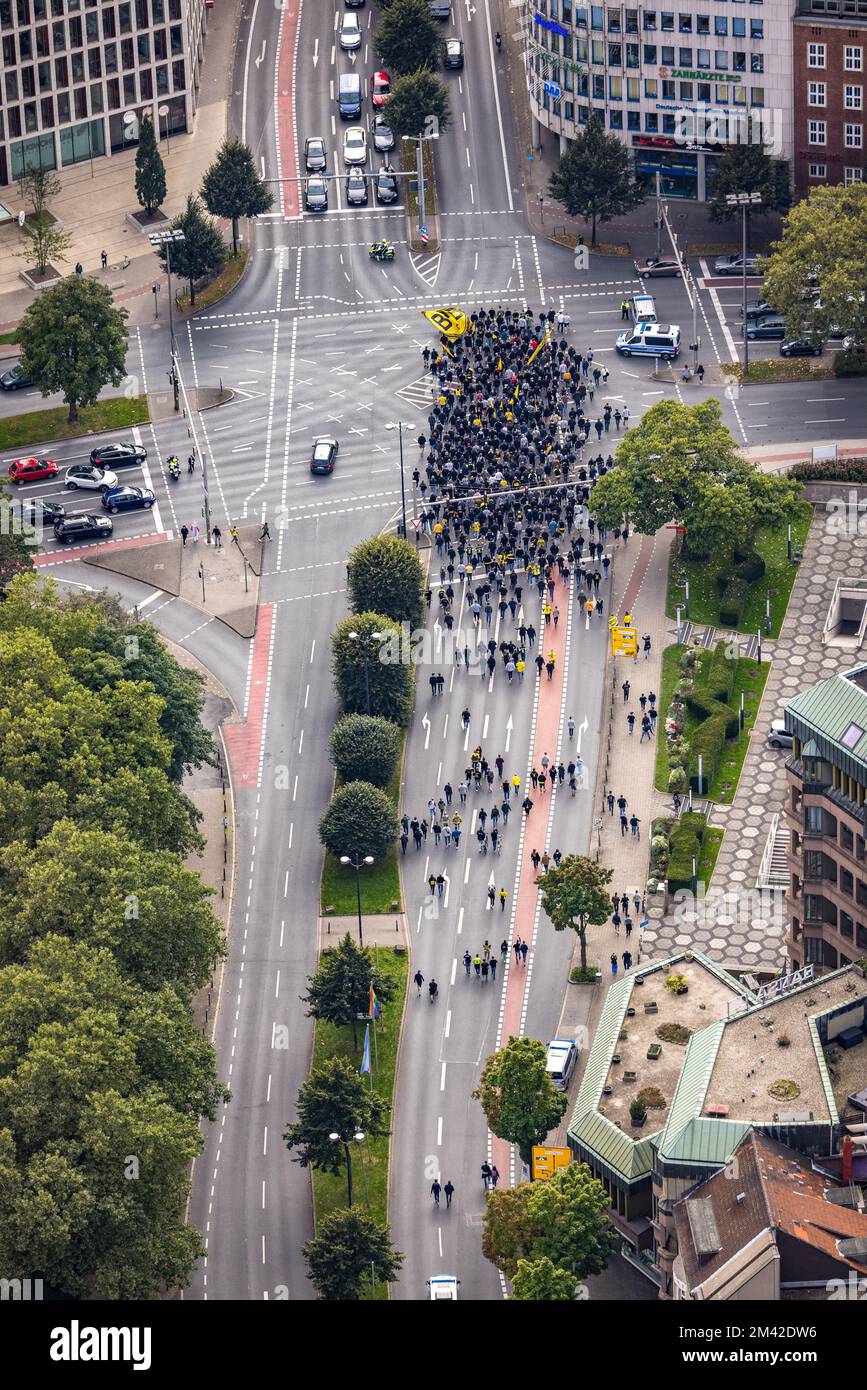 Aerial view, BVB fans on their way to BVB 09 soccer match in City district in Dortmund, Ruhr area, North Rhine-Westphalia, Germany, BVB 09 Borussia Do Stock Photo