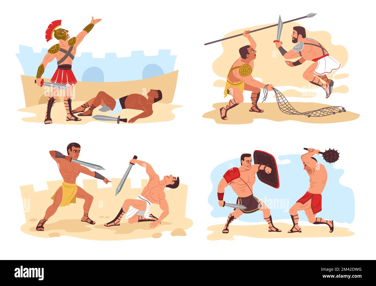Gladiators fight scenes. Ancient Roman warriors. People in armor. Muscular legionnaires in battlefield. Colosseum war battles set. Soldiers attacking Stock Vector