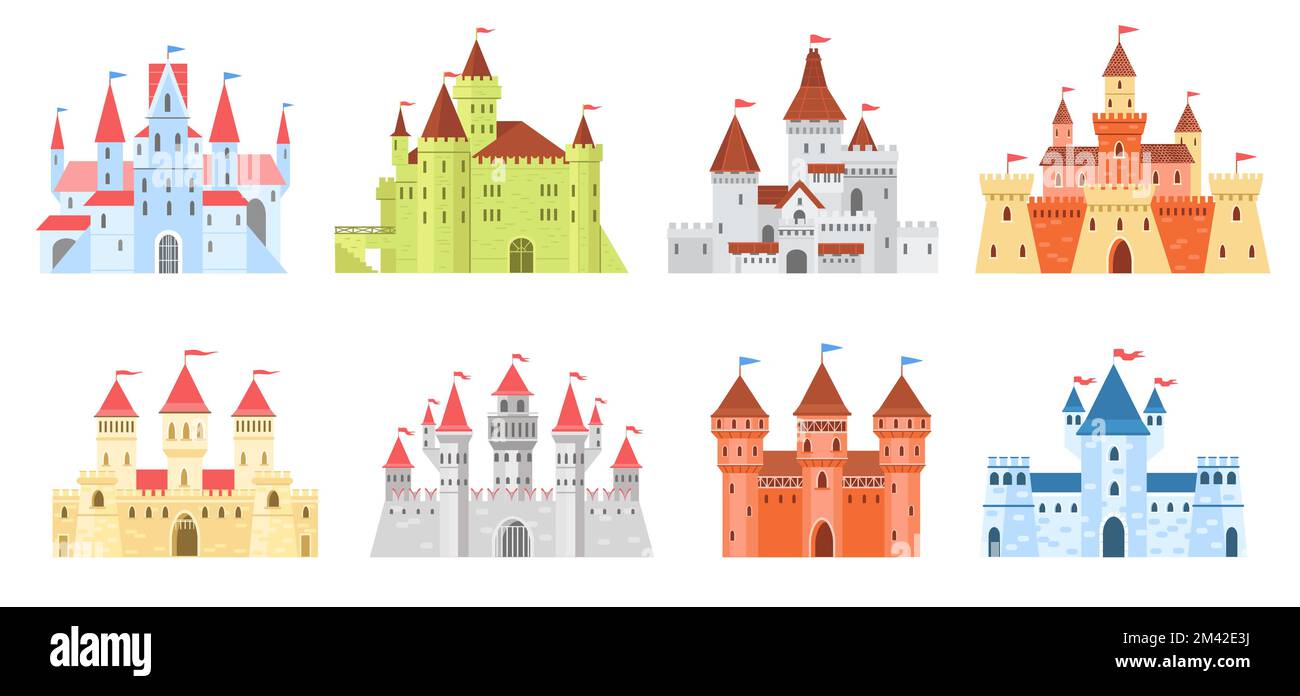 Kingdoms and castles. Medieval king palaces. Cartoon towers and fortress walls. Turret with waving flags on spires. Fabulous princess habitation Stock Vector